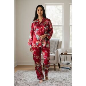 Vintage Oscar de la Renta Pink Label Silky Floral Satin Pajama Set Red Women's L